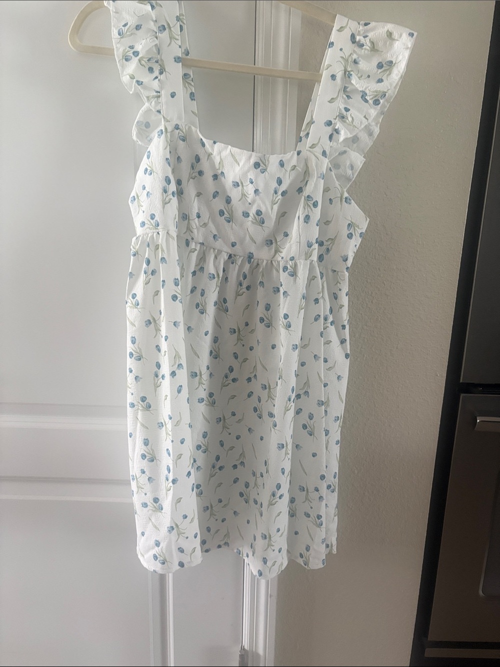 SHEIN White Mini Dress with Blue Floral Print and Ruffled Straps